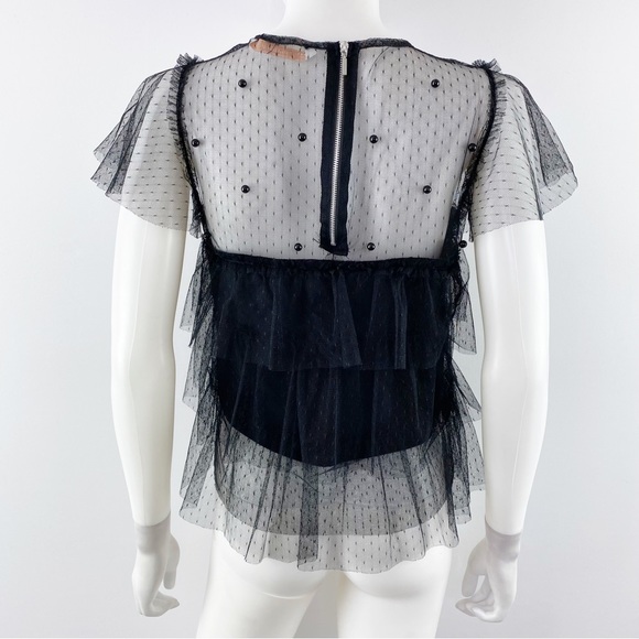 Zara Women's Black Sheer Mesh Lace Layered Short Sleeve Ruffle Top Size XS - Picture 5 of 9